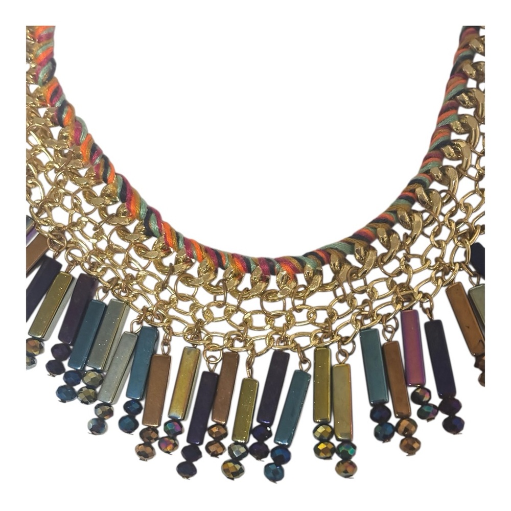 Gold-Chain statement necklace with elongated beads and multicolor threading - Picture 5 of 5